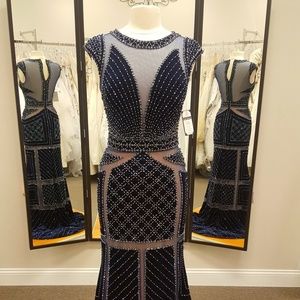 Johnathan Kayne 555 navy velvet couture gown